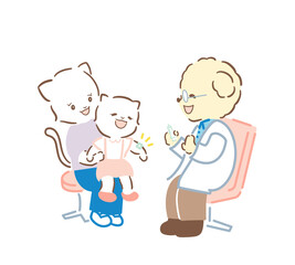 予防接種を終えてほっと安心する猫の親子と犬の小児科医のイラスト