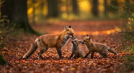 Autumnal Fox Family in Forest