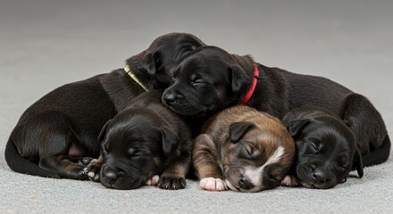 Adorable Sleeping Puppies: A heartwarming image of four newborn puppies cuddling together in peaceful slumber.