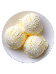 A top down studio shot of three scoops of creamy vanilla ice cream served in a simple white bowl on a seamless white background perfect for a sweet summer treat.