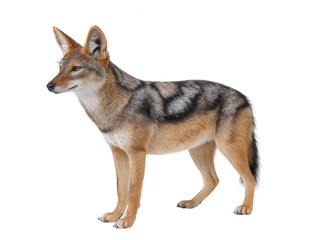Standing alert against a white background, the golden jackal observes with focused attention, displaying its beautiful fur and its attentive nature in full clarity.