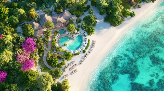 Bird eye view of an idyllic island escape, surrounded by white sand and crystal-clear waters