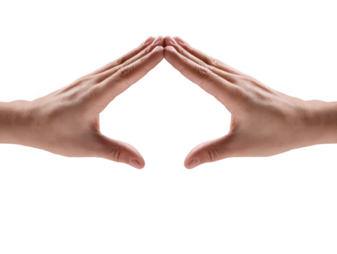 Two hands are joined to form a symbolic roof shape on a white background, representing home, security, protection, and the concept of building together now.