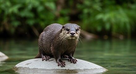 A Majestic Otter Posing on a River Rock