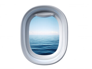 From an airplane window a mesmerizing view of the serene ocean with gentle ripples extends to the horizon under a clear, tranquil blue sky on a bright day.