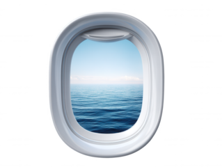 From an airplane window a mesmerizing view of the serene ocean with gentle ripples extends to the horizon under a clear, tranquil blue sky on a bright day.