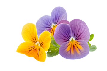 a group of three purple and yellow flowers