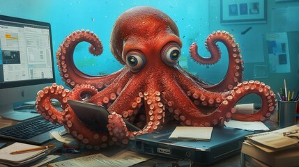 Obraz premium Playful Red Octopus at Work in a Vibrant Underwater Office Environment Surrounded by Technology and Papers