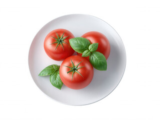 Three vibrant red tomatoes, adorned with fresh green basil leaves, are arranged artfully on a pristine white plate, creating a simple and elegant culinary still life.