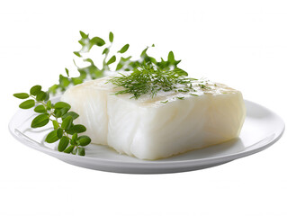 A fresh, uncooked cod fillet is presented on a white plate, garnished with sprigs of dill and thyme, against a clean, bright background that enhances its appeal.
