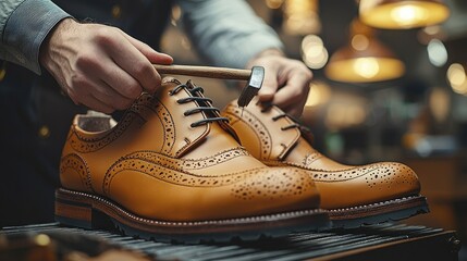 A craftsman carefully uses a hammer and mallet to attach a sole to a pair of tan leather brogue shoes
