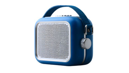 Blue radio speaker with handle on black backdrop