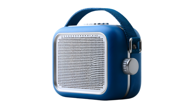 Blue radio speaker with handle on black backdrop