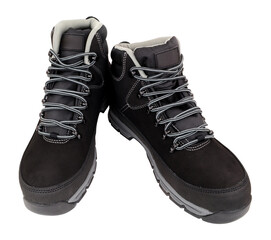 Pair of steel toe cap safety work boots with S1 P safety rating in black isolated on a white background
