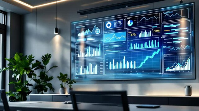 Futuristic transparent wall screen displaying various data dashboards and blue charts in high-tech corporate environment. Concept of innovation and enterprise intelligence