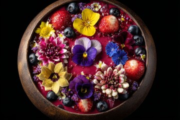 Fototapeta premium Fresh colorful smoothie bowl with assorted edible flowers and berries in a wooden bowl on dark background