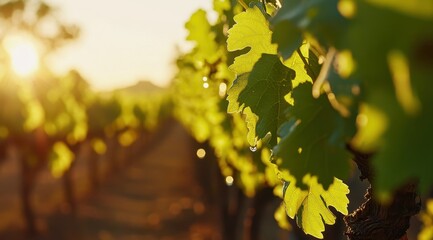 Sunlit vineyard leaves glistening with dew at sunset, rows of vines stretching into the distance, warm golden light