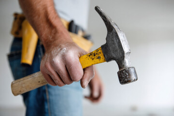 Worker using hammer, home renovation
