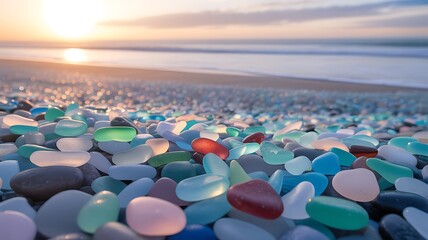 Obraz premium Closeup view of colorful sea glass scattered on a sandy beach at sunset