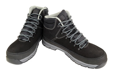 Pair of steel toe cap safety work boots with S1 P safety rating in black isolated on a white background