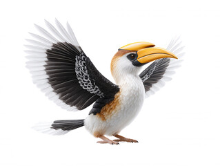 Fototapeta premium A vibrant hornbill bird with white and black plumage elegantly spreads its wings, showcasing its magnificent yellow beak against a crisp, clean white backdrop.