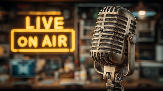 Vintage microphone in focus with a glowing Live On Air sign in the background creating a retro vibe