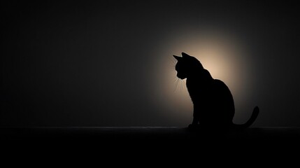 Silhouette of a cat in a dark scene. Soft light highlights the animal