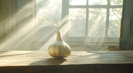 Sunlit garlic bulb rests on rustic wooden surface near a window, dust motes dancing in golden light beams