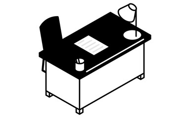 デスクライトと書類の置かれた机のシンプルでかわいいアイソメトリック線画イラスト