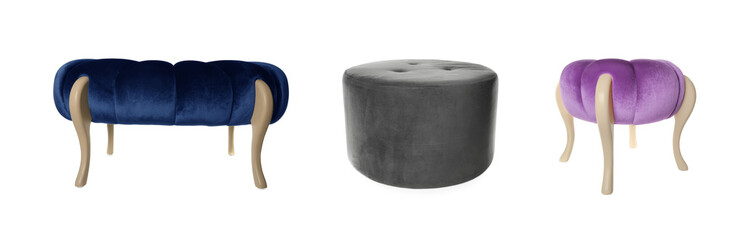 Different poufs isolated on white, collage. Interior element
