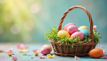 Naklejka premium Colorful Easter eggs in a basket, springtime decoration , colorful, symbol, springtime