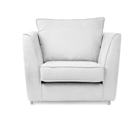 Comfortable white armchair on white background. Interior element