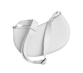 Stylish white handbag in air on white background