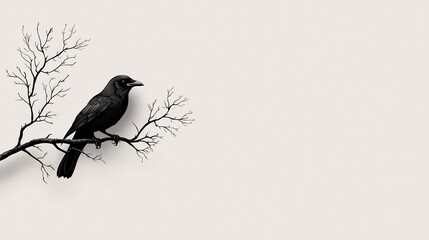 Silhouette of a crow on a bare branch against a plain background.  A simple, elegant design