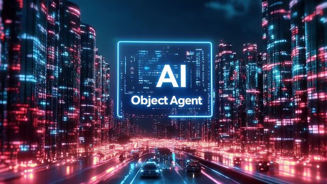  A digital logo featuring the text "AI" and an object agent in front of it, set against a futuristic cityscape background. The scene is illuminated by dynamic lighting that casts dramatic shadows on t