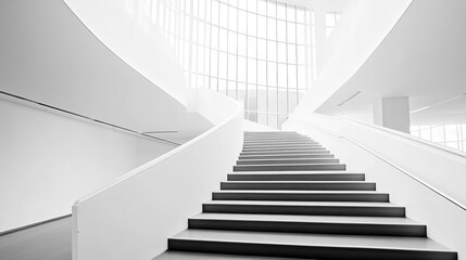 Ascending stairs of modern building, monochrome with curved walls and natural light