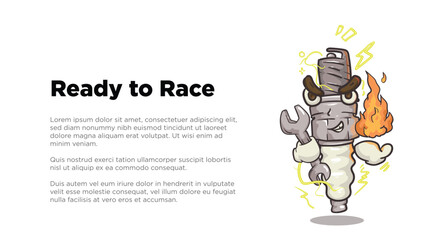 spark plug mascotholding wrench and fire for setting concept. spark plug mascot illustration with custom copy space  in screen size for web or presentation template vector illustration. 