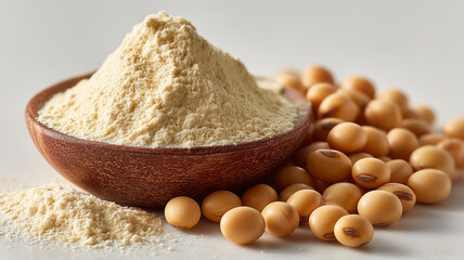 Soy protein powder with golden soybeans on side creates nutritious scene
