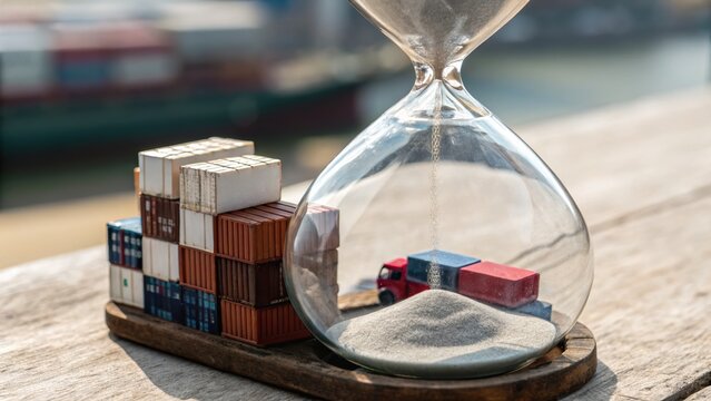 US China Trade Hourglass with shipping containers and truck, symbolizing time in logistics and transport.
