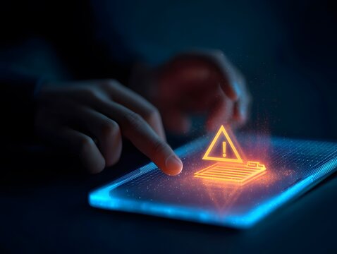 Hand presses a glowing warning triangle icon on a digital interface, indicating interaction with a high - tech system, possibly signaling an alert.