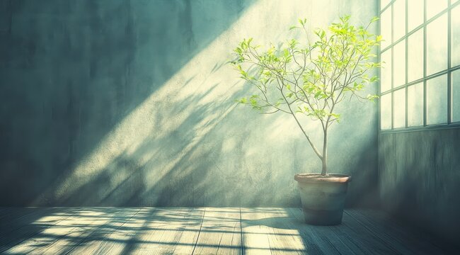 Sunlit room, textured walls, wooden floor, small potted tree casts shadows - Powered by Adobe