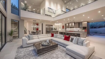 Luxurious modern interior features a spacious living area, open kitchen, and multiple floors with glass railings