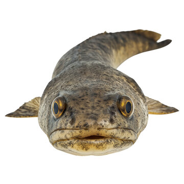 Front view of a realistic bichir fish isolated on a solid white background, detailed aquatic stock photograph showcasing textured scales, elongated body, distinct fins, and natural coloration 