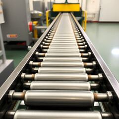Factory conveyor with spinning metal rollers