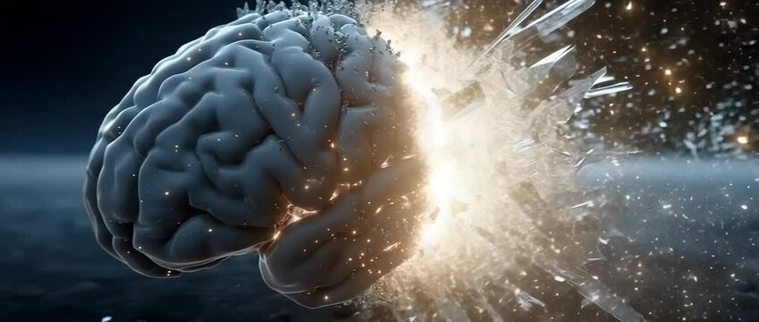 Human brain explosion in space with broken glass and a light burst