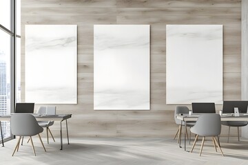 The mockup of picture frame hanging on the wall in the office