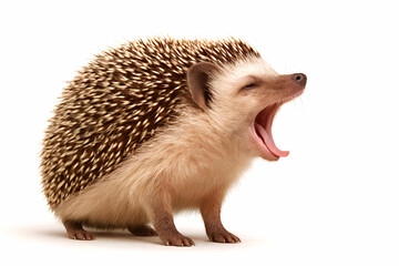 Yawning Hedgehog on White Background – Cute Animal Close-Up Photo