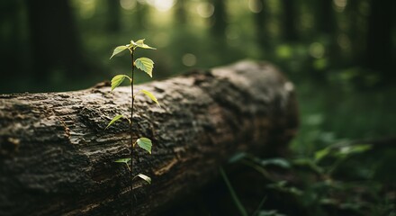 Sapling Growing on Fallen Tree Trunk in Forest Light
