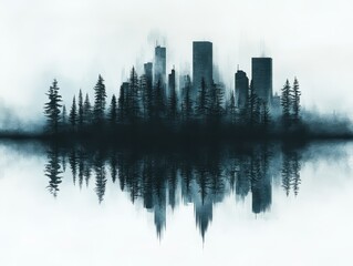Obraz premium A cityscape merging with forests, symbolizing harmony, futuristic, double exposure, urban backdrop