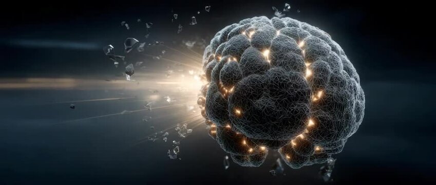 Human brain explosion in space with broken glass and a light burst